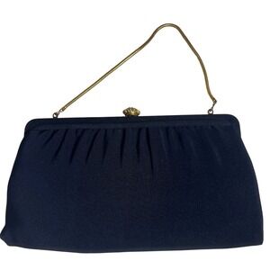 Vintage HL USA Black Evening Clutch Gold Floral Clasp Satin Lining USA Made